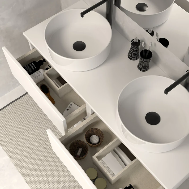 Meuble de salle de bain 120 avec plateau et 2 vasques à poser - 4 tiroirs - LUNA
