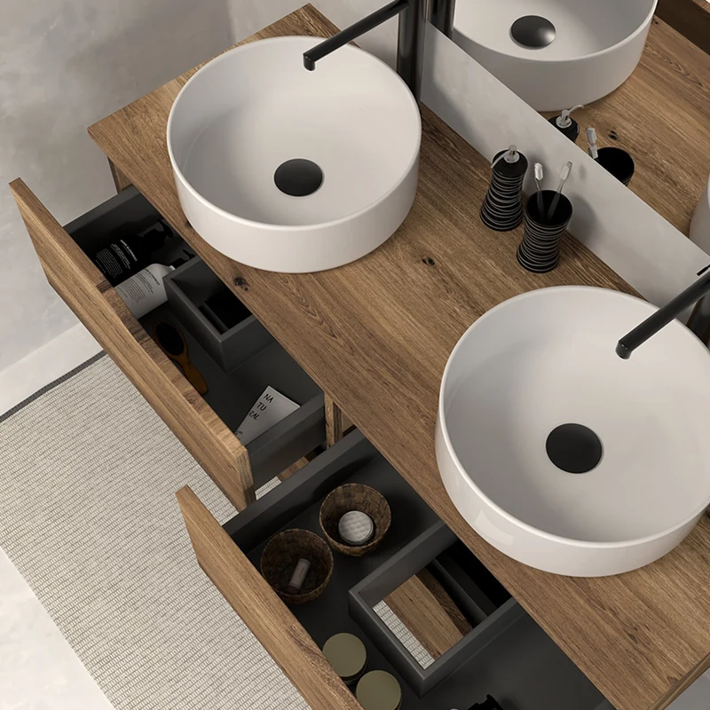 Meuble de salle de bain 120 avec plateau et 2 vasques à poser - 4 tiroirs - LUNA