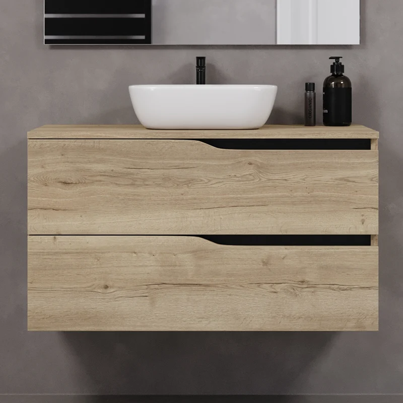 Meuble de salle de bain 100cm avec plateau et vasque à poser zeus - 2 tiroirs - LUNA