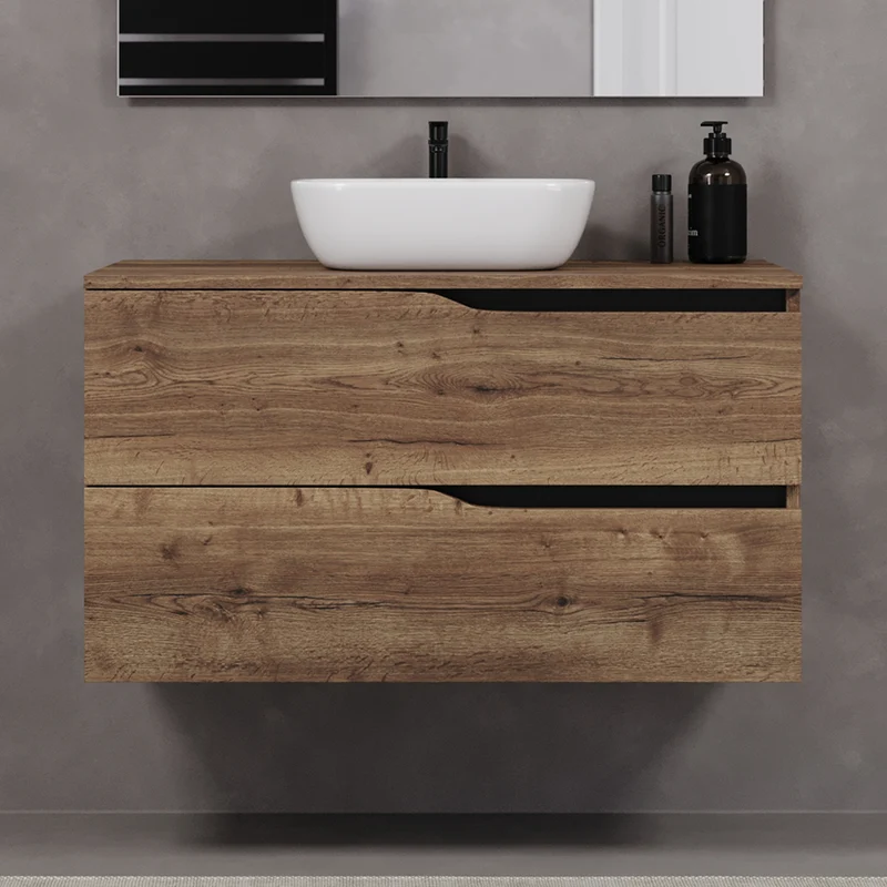 Meuble de salle de bain 100cm avec plateau et vasque à poser zeus - 2 tiroirs - LUNA