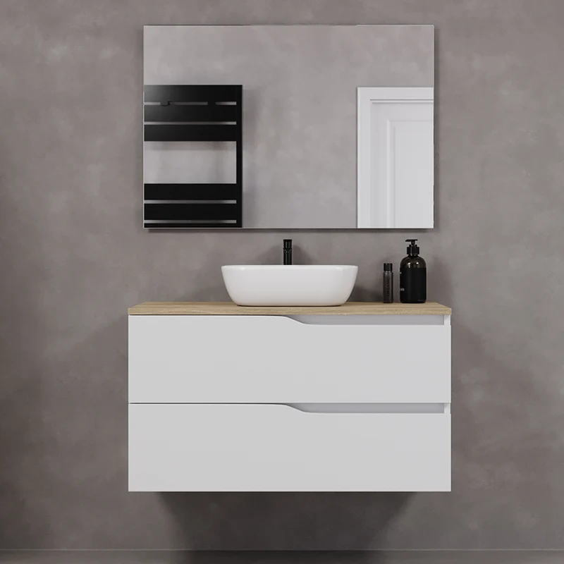 Meuble de salle de bain 100cm avec plateau et vasque à poser zeus - 2 tiroirs - LUNA