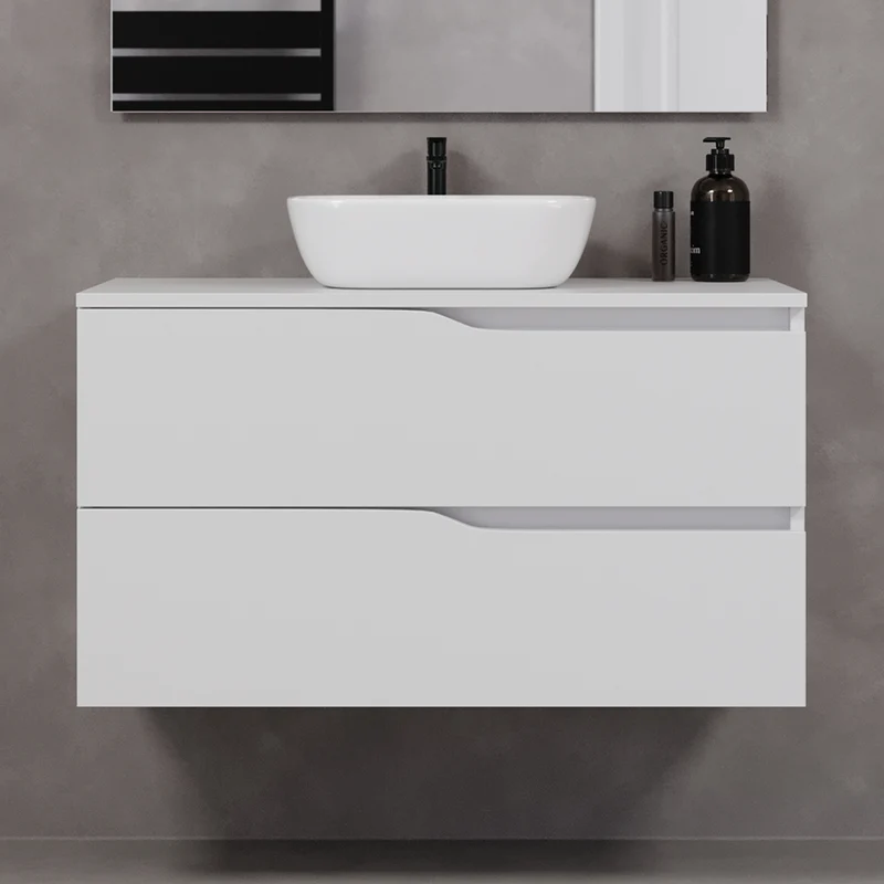 Meuble de salle de bain 100cm avec plateau et vasque à poser zeus - 2 tiroirs - LUNA