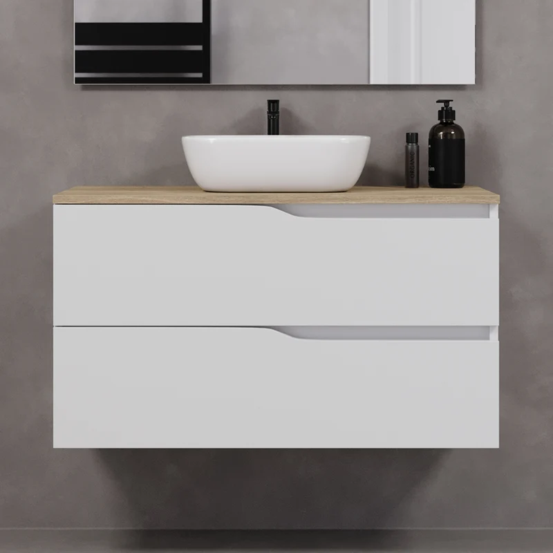 Meuble de salle de bain 100cm avec plateau et vasque à poser zeus - 2 tiroirs - LUNA