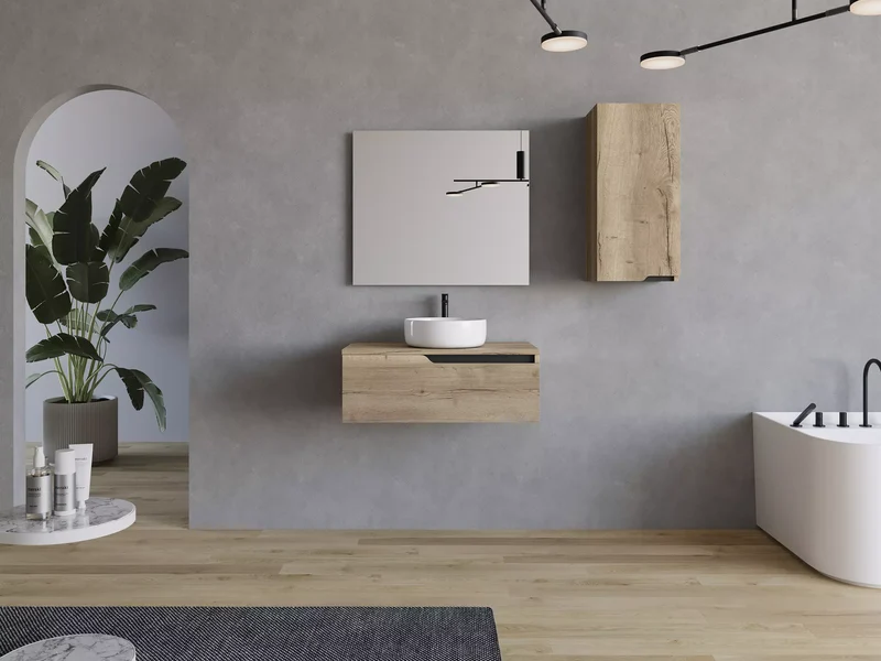 Meuble de salle de bain 80cm avec vasque à poser ronde - sans miroir - 1 tiroir - CADIX