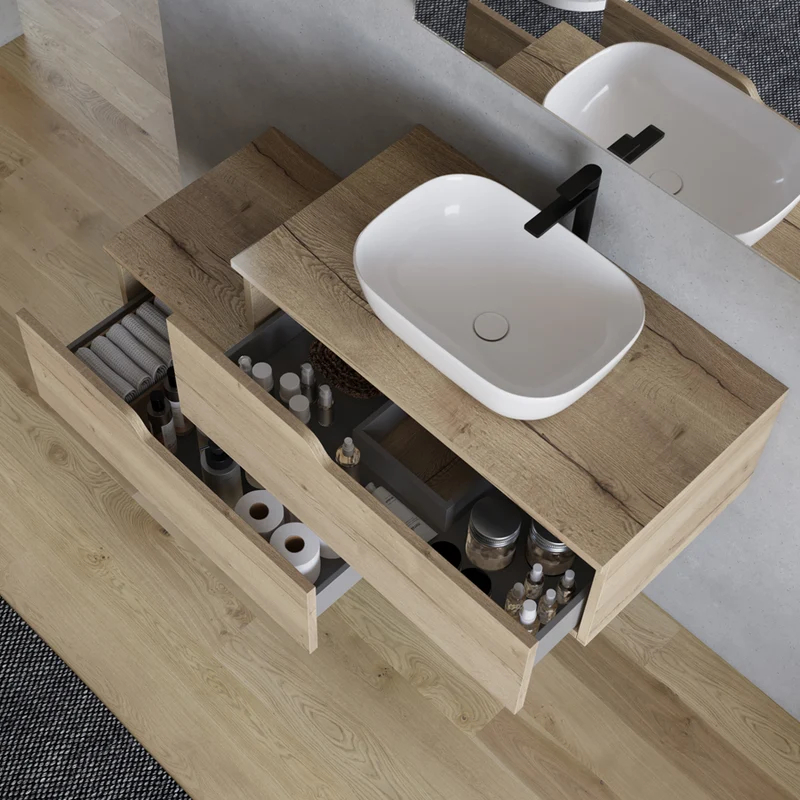 Meuble de salle de bain 120cm avec vasque à poser arrondie - 2 tiroirs - CADIX