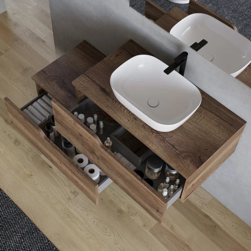 Meuble de salle de bain 120cm avec vasque à poser arrondie - 2 tiroirs - CADIX