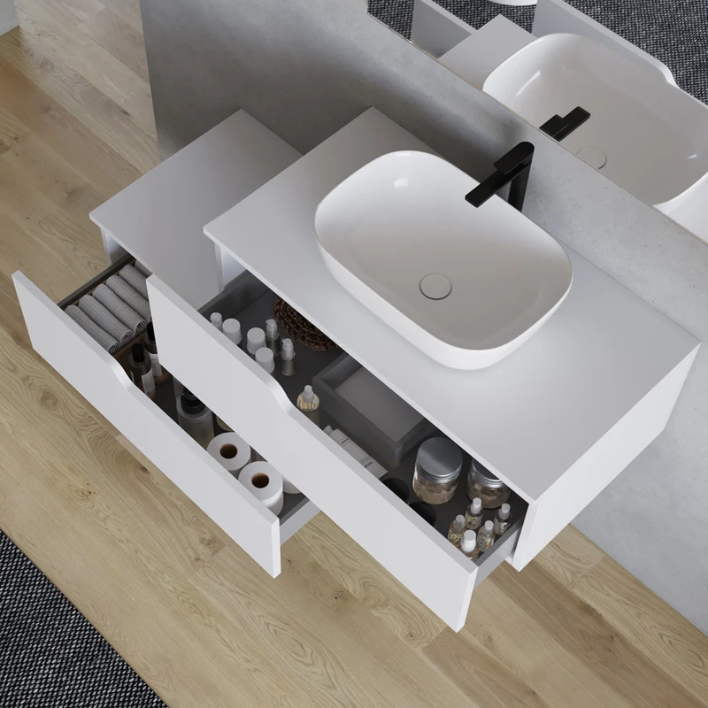 Meuble de salle de bain 120cm avec vasque à poser arrondie - 2 tiroirs - CADIX