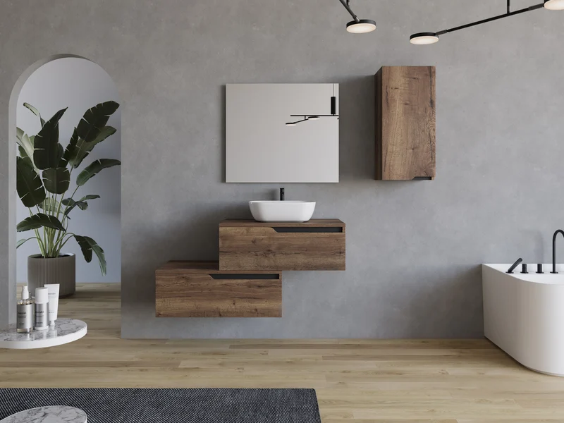 Meuble de salle de bain 120cm avec vasque à poser arrondie - 2 tiroirs - CADIX