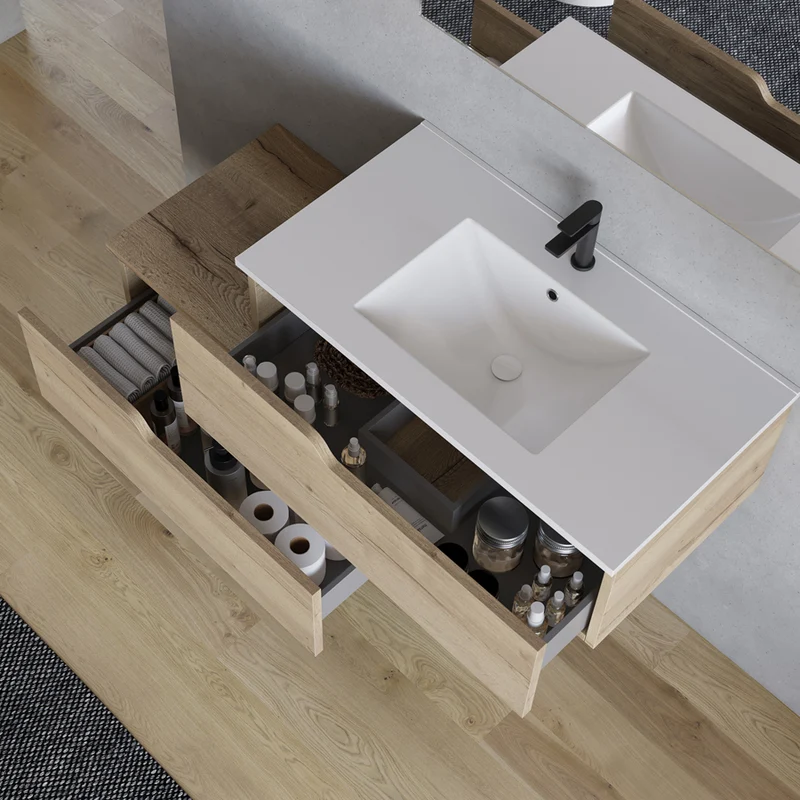 Meuble de salle de bain 120cm avec plan simple vasque - 2 tiroirs - CADIX