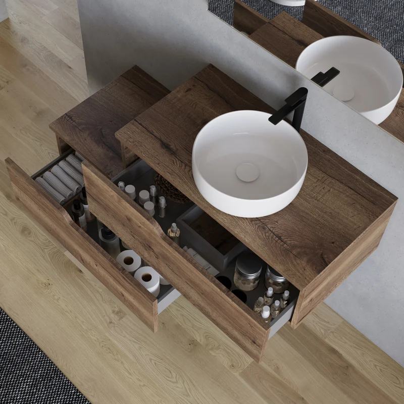 Meuble de salle de bain 120cm avec vasque à poser ronde - 2 tiroirs - CADIX