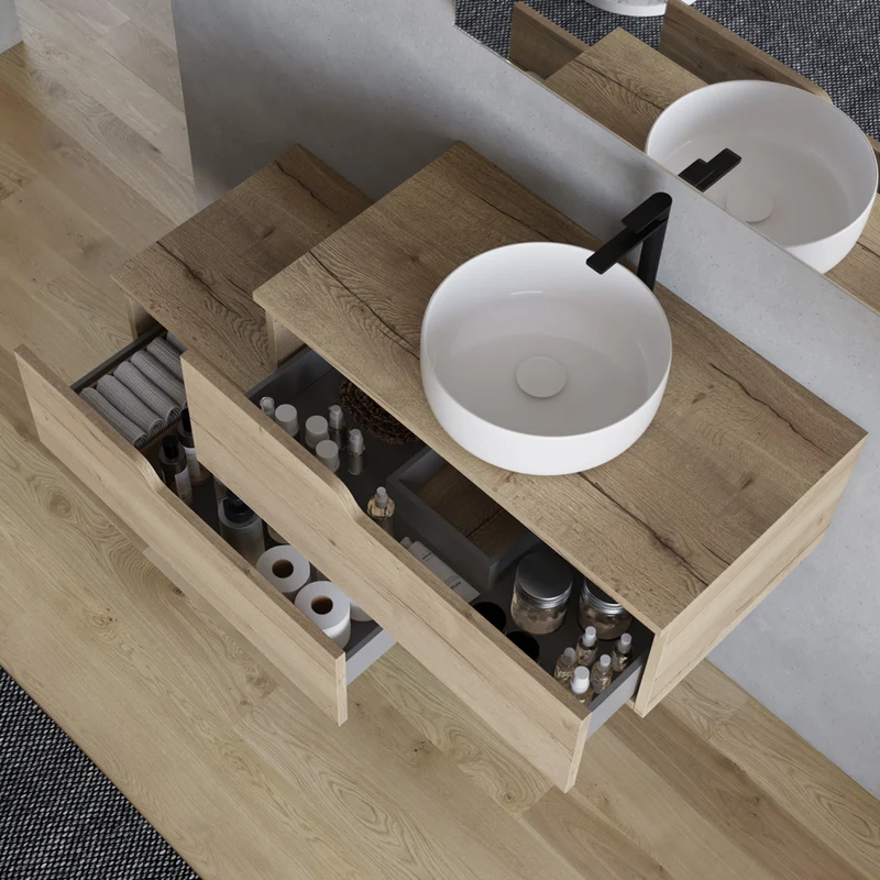Meuble de salle de bain 120cm avec vasque à poser ronde - 2 tiroirs - CADIX