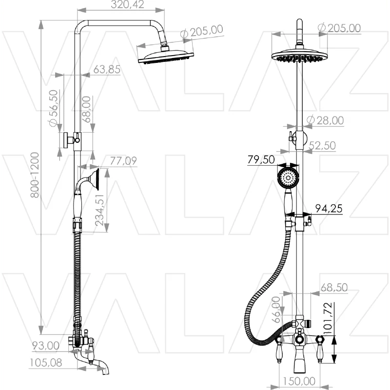 Columna de ducha para bañera retro FLORINA dorado envejecido