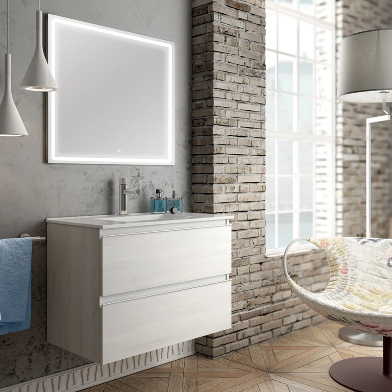 Meuble de salle de bain 70cm simple vasque - 2 tiroirs - BALEA et miroir Led VELDI