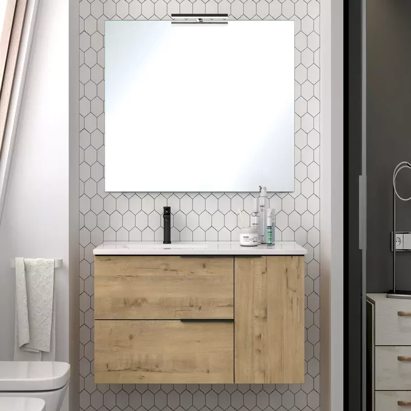 Meuble de salle de bain 80cm vasque déportée - 2 tiroirs et un placard - KING