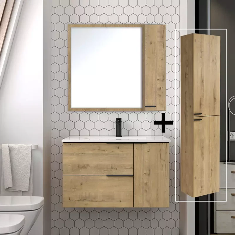 Ensemble meuble de salle de bain 80cm vasque déportée + colonne de rangement - KING