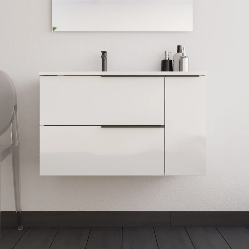 Meuble de salle de bain 80cm avec vasque déportée - 2 tiroirs et un placard - sans miroir - blanc laqué - KING