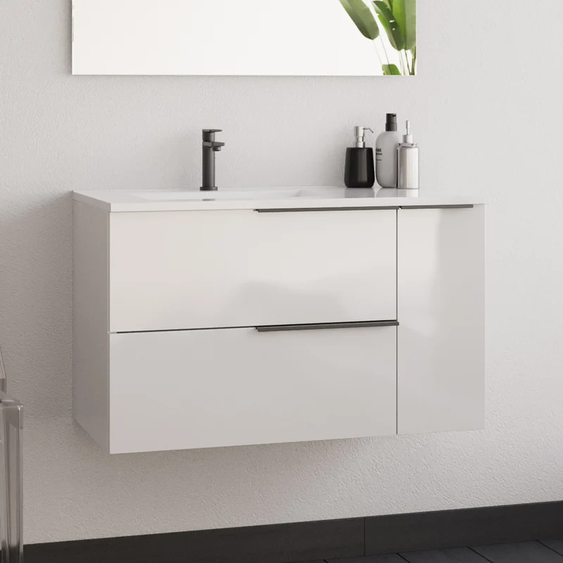 Meuble de salle de bain 80cm avec vasque déportée - 2 tiroirs et un placard - sans miroir - blanc laqué - KING