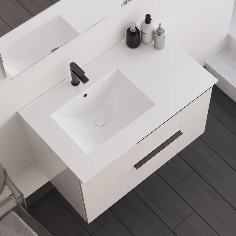 Meuble de salle de bain 80cm avec vasque déportée - 2 tiroirs et un placard - sans miroir - blanc laqué - KING