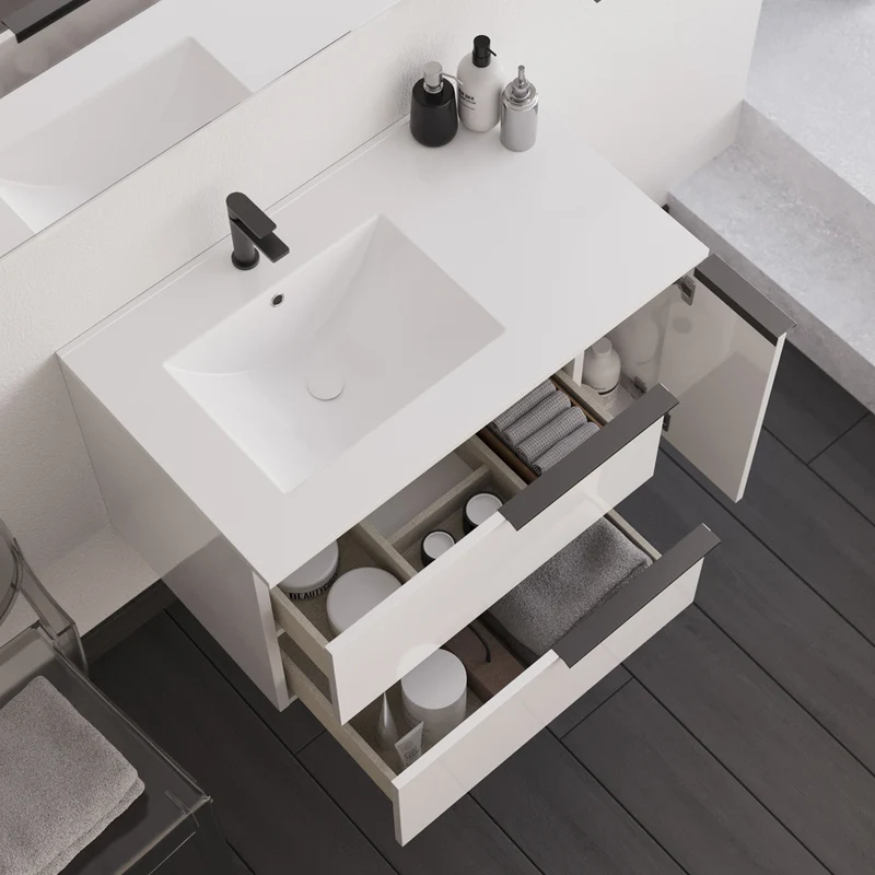 Meuble de salle de bain 80cm avec vasque déportée - 2 tiroirs et un placard - sans miroir - blanc laqué - KING