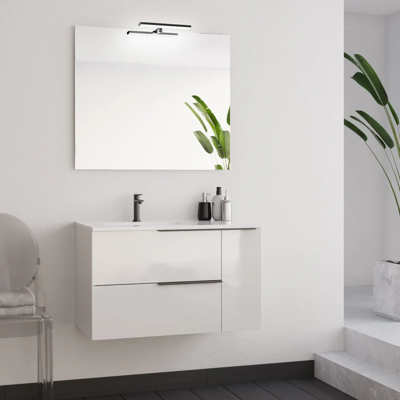 Meuble de salle de bain 80cm avec vasque déportée - 2 tiroirs et un placard et miroir avec applique - blanc laqué - KING
