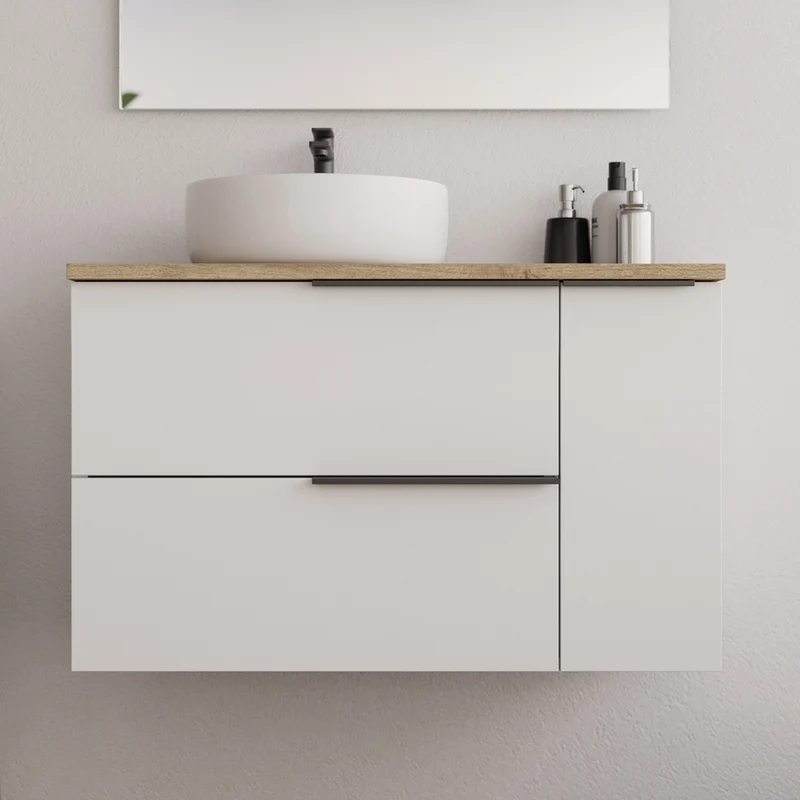 Meuble de salle de bain 80cm avec vasque à poser ronde - 2 tiroirs et un placard - blanc laqué - sans miroir - KING