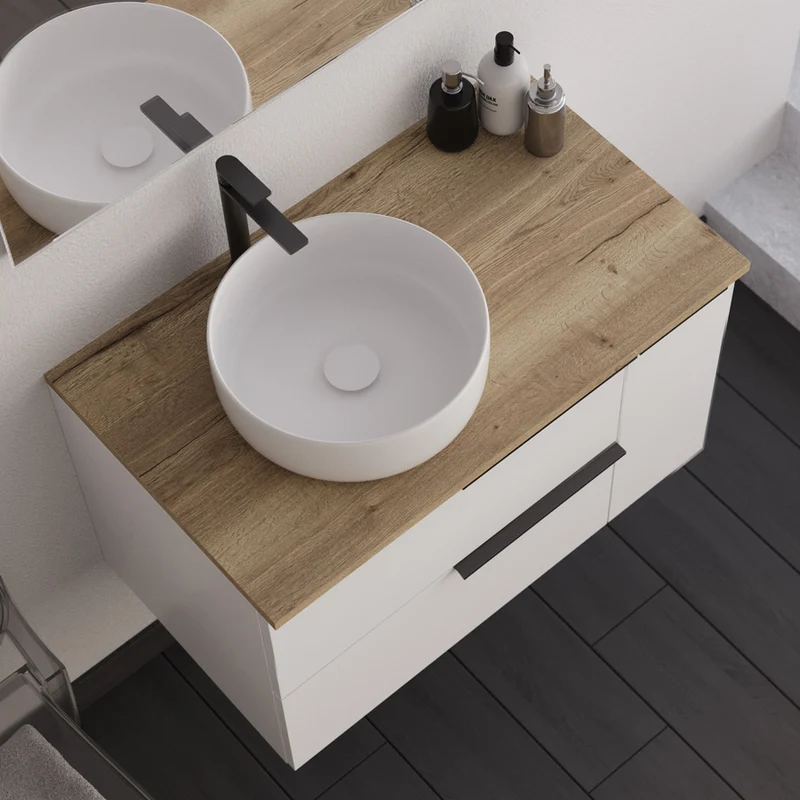 Meuble de salle de bain 80cm avec vasque à poser ronde - 2 tiroirs et un placard - blanc laqué - sans miroir - KING