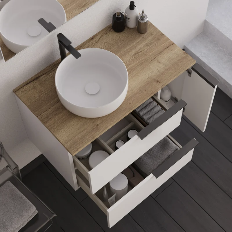 Meuble de salle de bain 80cm avec vasque à poser ronde - 2 tiroirs et un placard - blanc laqué - sans miroir - KING