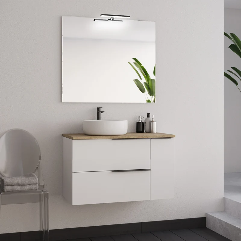 Meuble de salle de bain 80cm avec vasque à poser ronde - 2 tiroirs et un placard - blanc laqué et miroir avec applique - KING