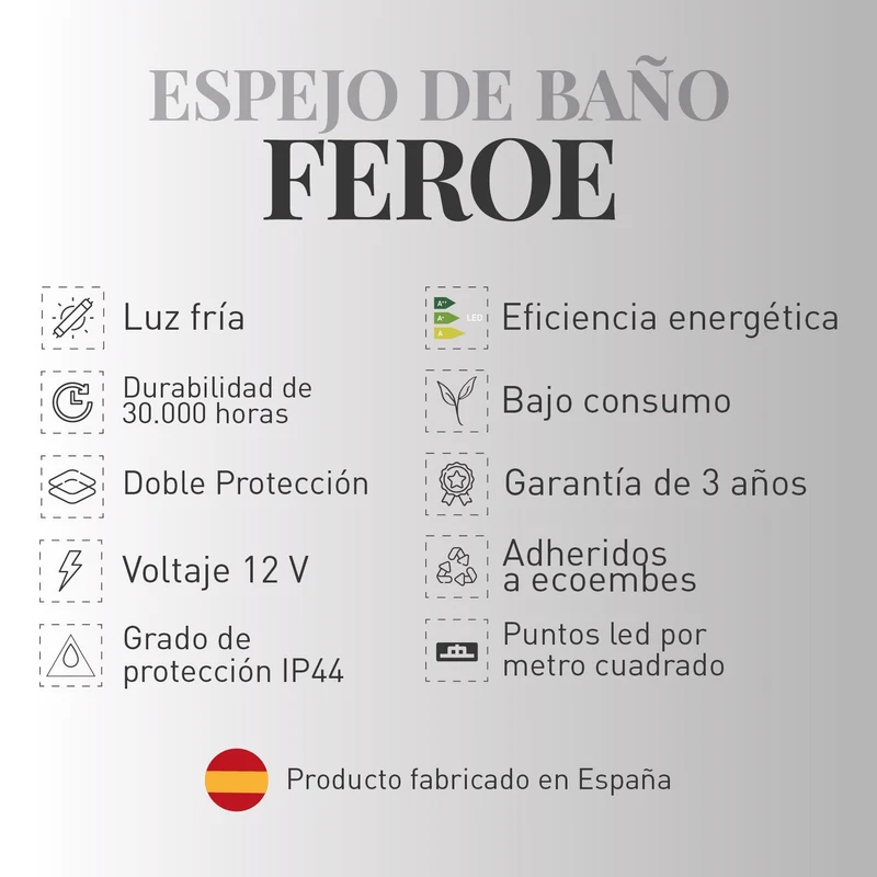 Espejo de baño FEROE. Luz fría LED integrada en el espejo