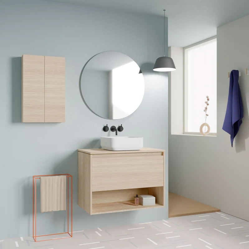 Mueble Lavabo + lavabo sobre encimera NIWA. Opción Blanco, Roble y Fumé.