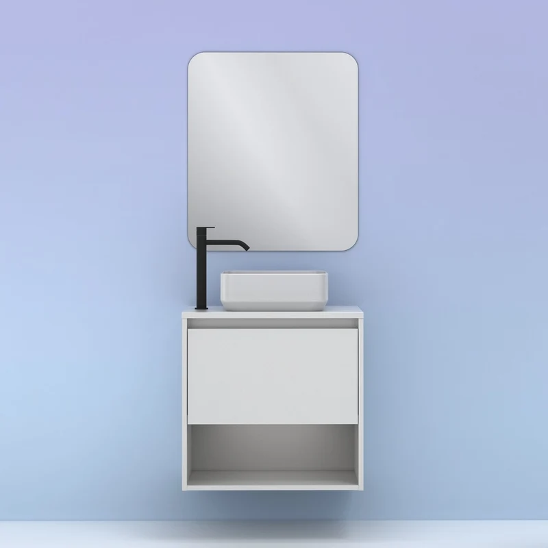 Mueble Lavabo + lavabo sobre encimera NIWA. Opción Blanco, Roble y Fumé.