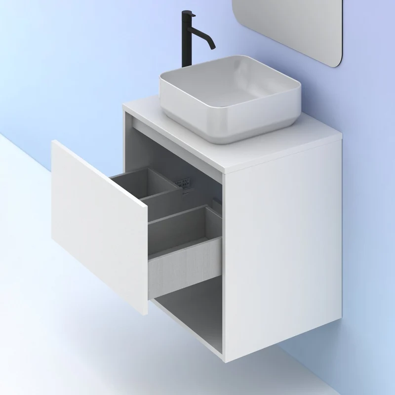 Mueble Lavabo + lavabo sobre encimera NIWA. Opción Blanco, Roble y Fumé.