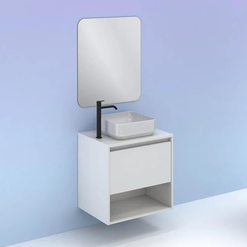 Mueble Lavabo + lavabo sobre encimera NIWA. Opción Blanco, Roble y Fumé.