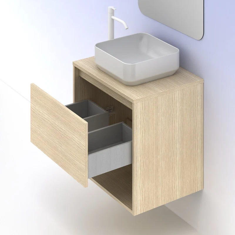 Mueble Lavabo + lavabo sobre encimera NIWA. Opción Blanco, Roble y Fumé.