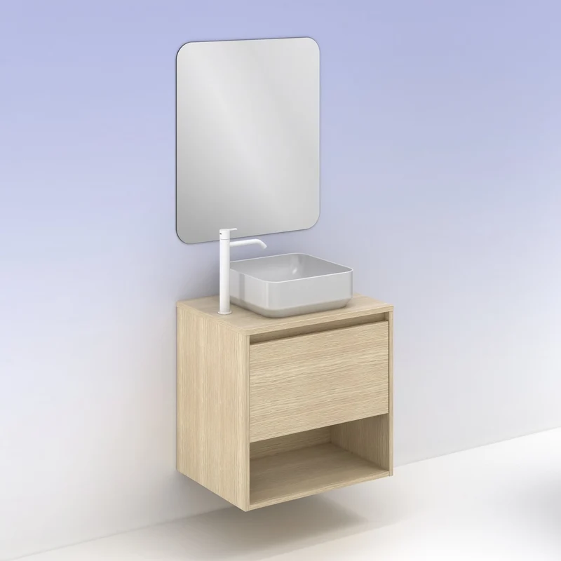 Mueble Lavabo + lavabo sobre encimera NIWA. Opción Blanco, Roble y Fumé.