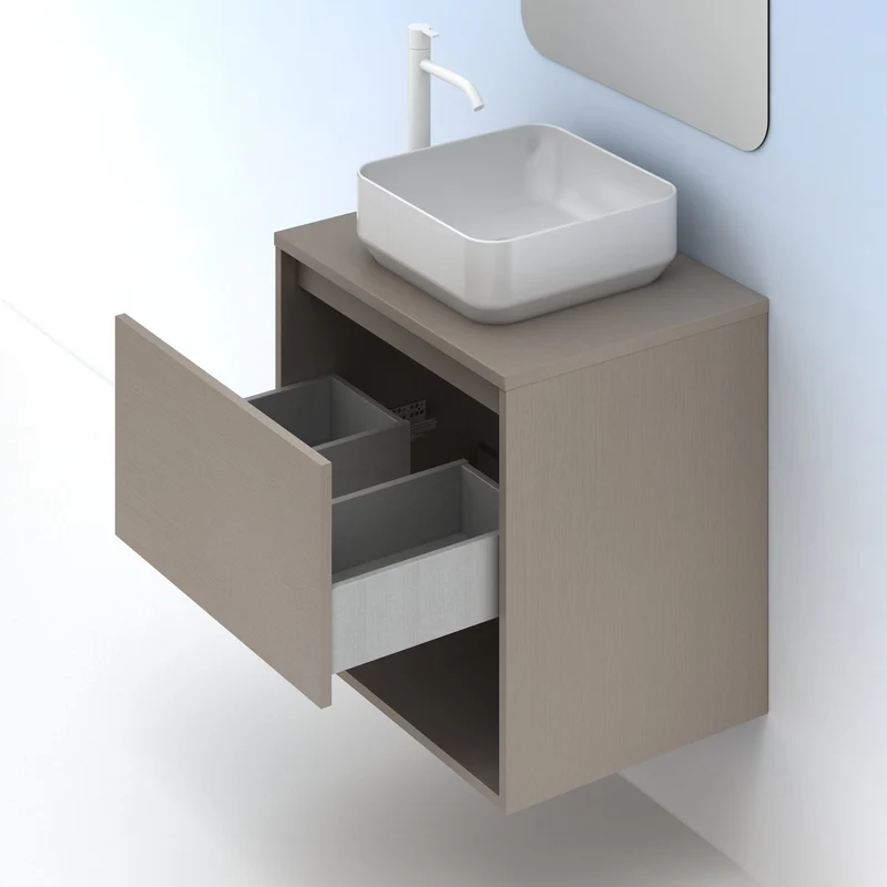 Mueble Lavabo + lavabo sobre encimera NIWA. Opción Blanco, Roble y Fumé.