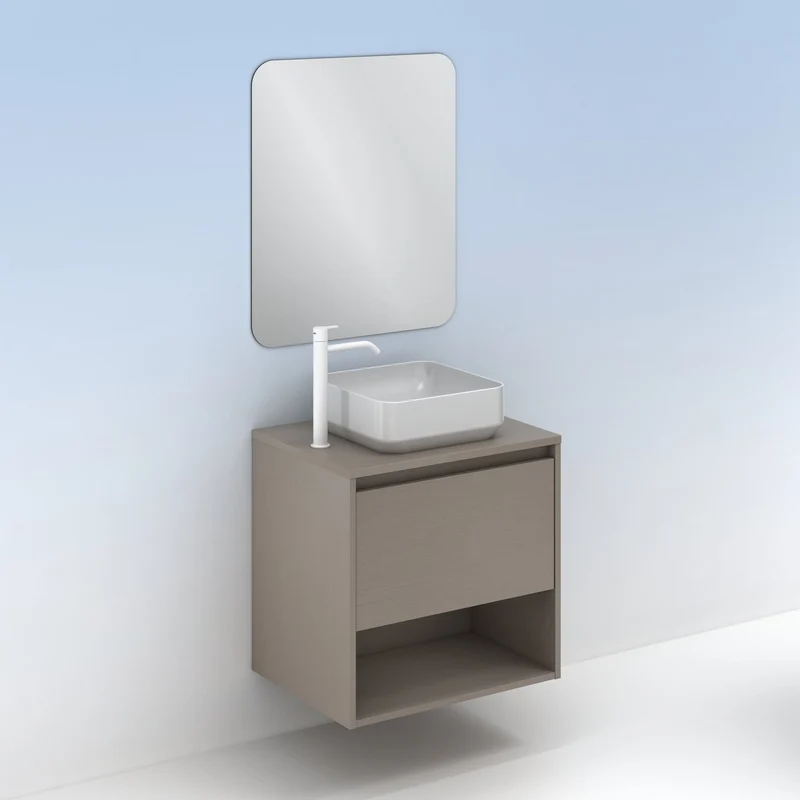 Mueble Lavabo + lavabo sobre encimera NIWA. Opción Blanco, Roble y Fumé.