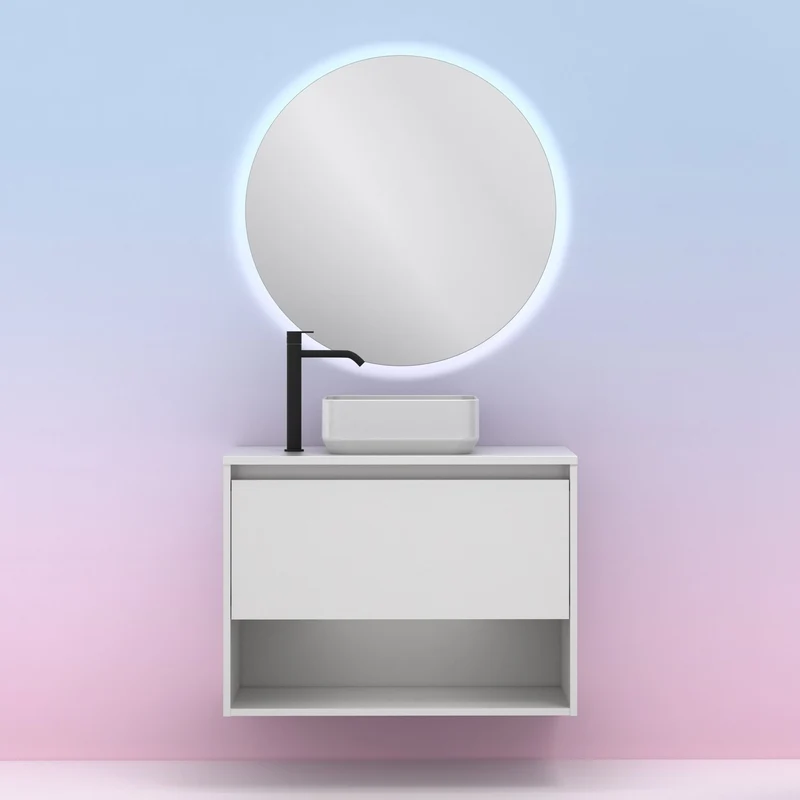 Mueble Lavabo + lavabo sobre encimera NIWA. Opción Blanco, Roble y Fumé.