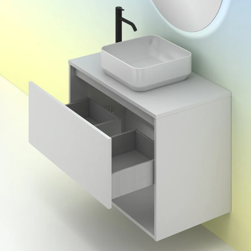 Mueble Lavabo + lavabo sobre encimera NIWA. Opción Blanco, Roble y Fumé.