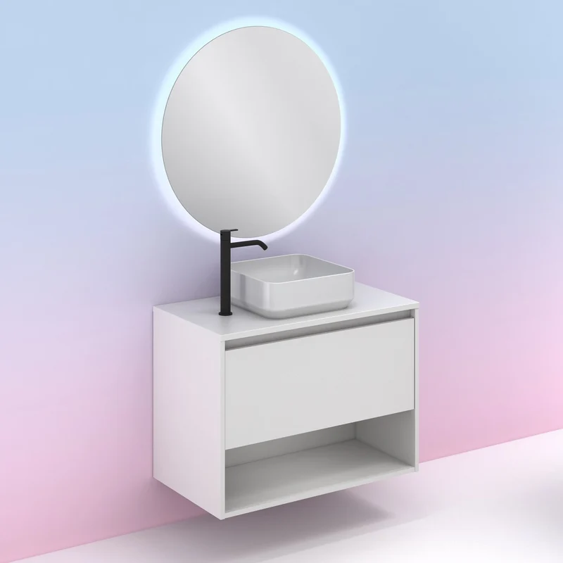 Mueble Lavabo + lavabo sobre encimera NIWA. Opción Blanco, Roble y Fumé.