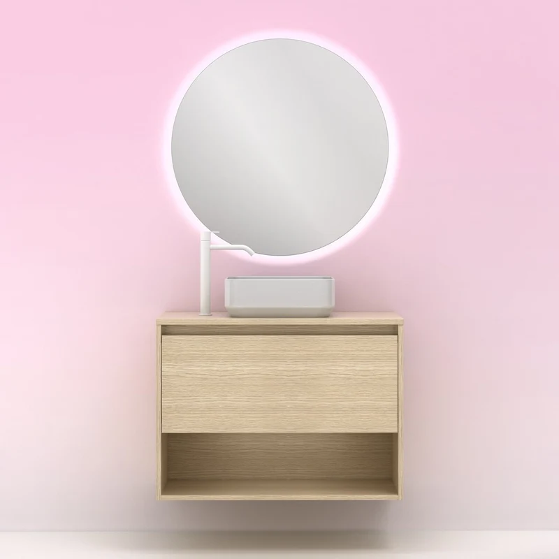 Mueble Lavabo + lavabo sobre encimera NIWA. Opción Blanco, Roble y Fumé.