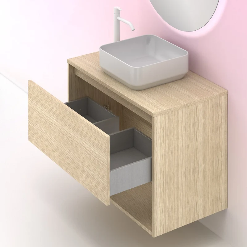 Mueble Lavabo + lavabo sobre encimera NIWA. Opción Blanco, Roble y Fumé.