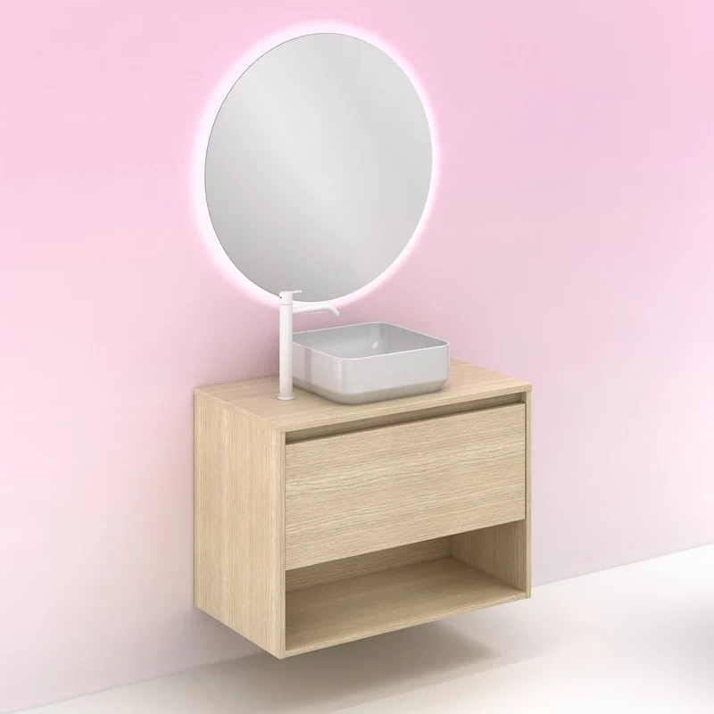 Mueble Lavabo + lavabo sobre encimera NIWA. Opción Blanco, Roble y Fumé.