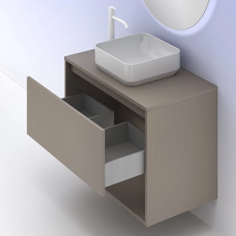 Mueble Lavabo + lavabo sobre encimera NIWA. Opción Blanco, Roble y Fumé.