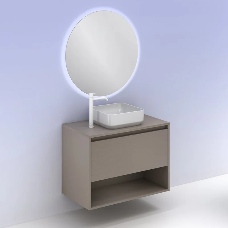Mueble Lavabo + lavabo sobre encimera NIWA. Opción Blanco, Roble y Fumé.