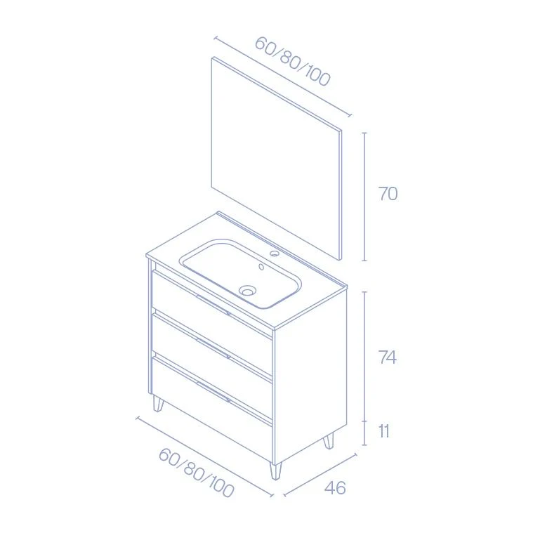 Mueble lavabo SUKI con patas. Opción Blanco, Gris, Antracita, Fumé, Nogal . 3 y 6 cajones. Lavabo simple y doble.