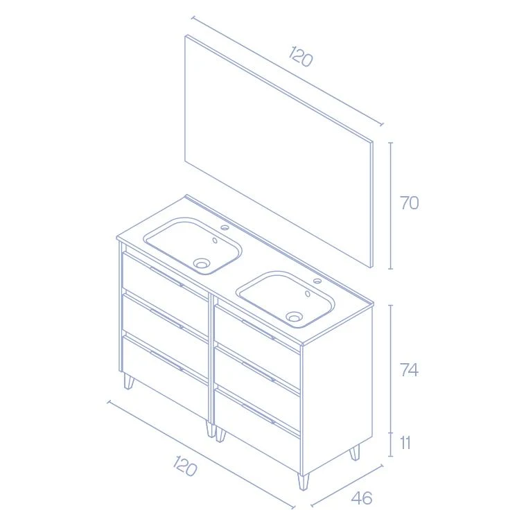 Mueble lavabo SUKI con patas. Opción Blanco, Gris, Antracita, Fumé, Nogal . 3 y 6 cajones. Lavabo simple y doble.