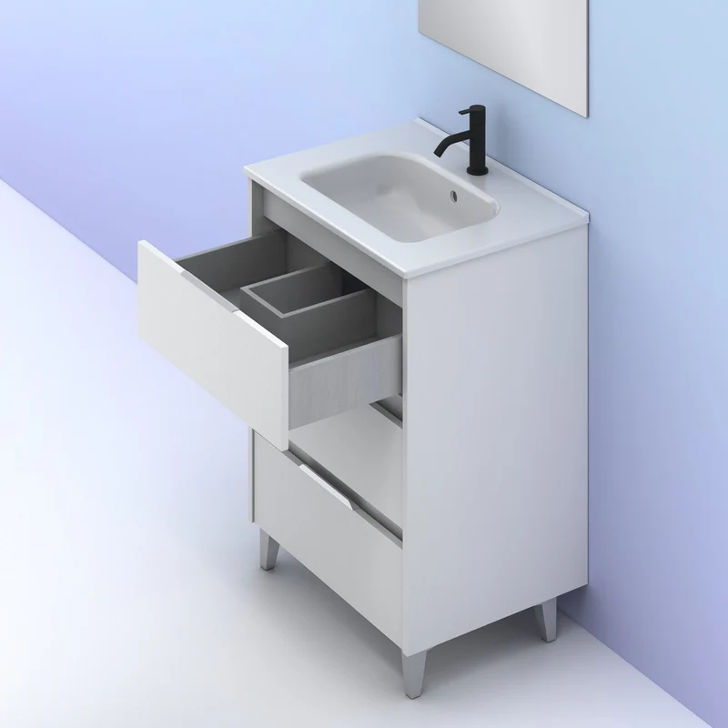 Mueble lavabo SUKI con patas. Opción Blanco, Gris, Antracita, Fumé, Nogal . 3 y 6 cajones. Lavabo simple y doble.