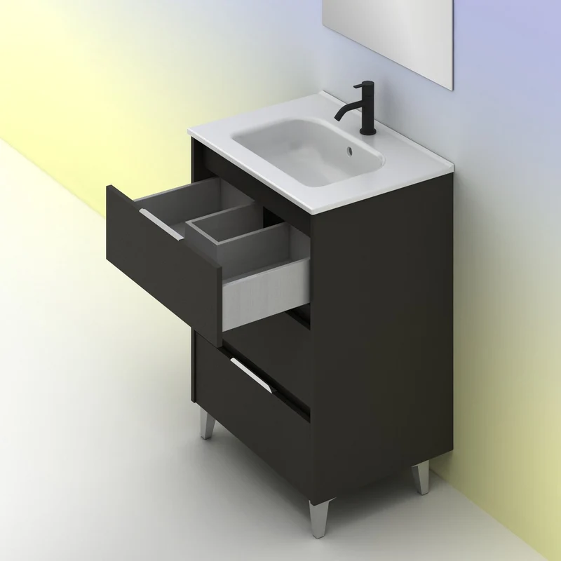 Mueble lavabo SUKI con patas. Opción Blanco, Gris, Antracita, Fumé, Nogal . 3 y 6 cajones. Lavabo simple y doble.
