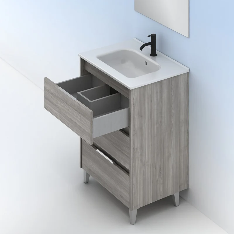 Mueble lavabo SUKI con patas. Opción Blanco, Gris, Antracita, Fumé, Nogal . 3 y 6 cajones. Lavabo simple y doble.